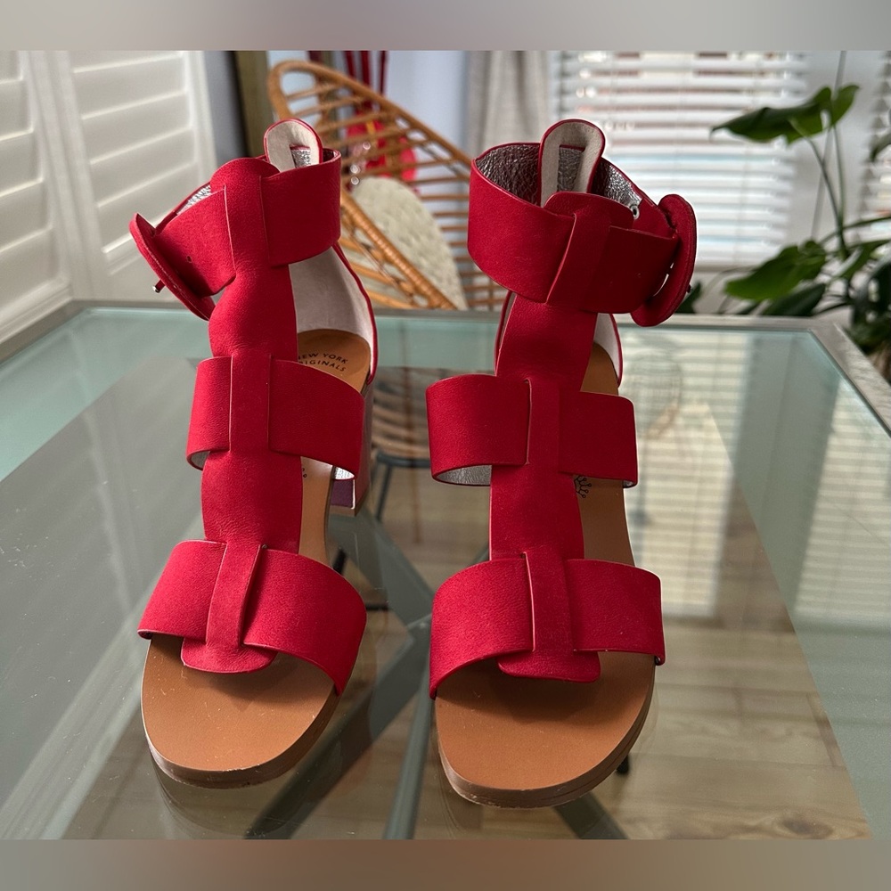 Anthropologie Red Heeled Sandals with Chunky Block Heel